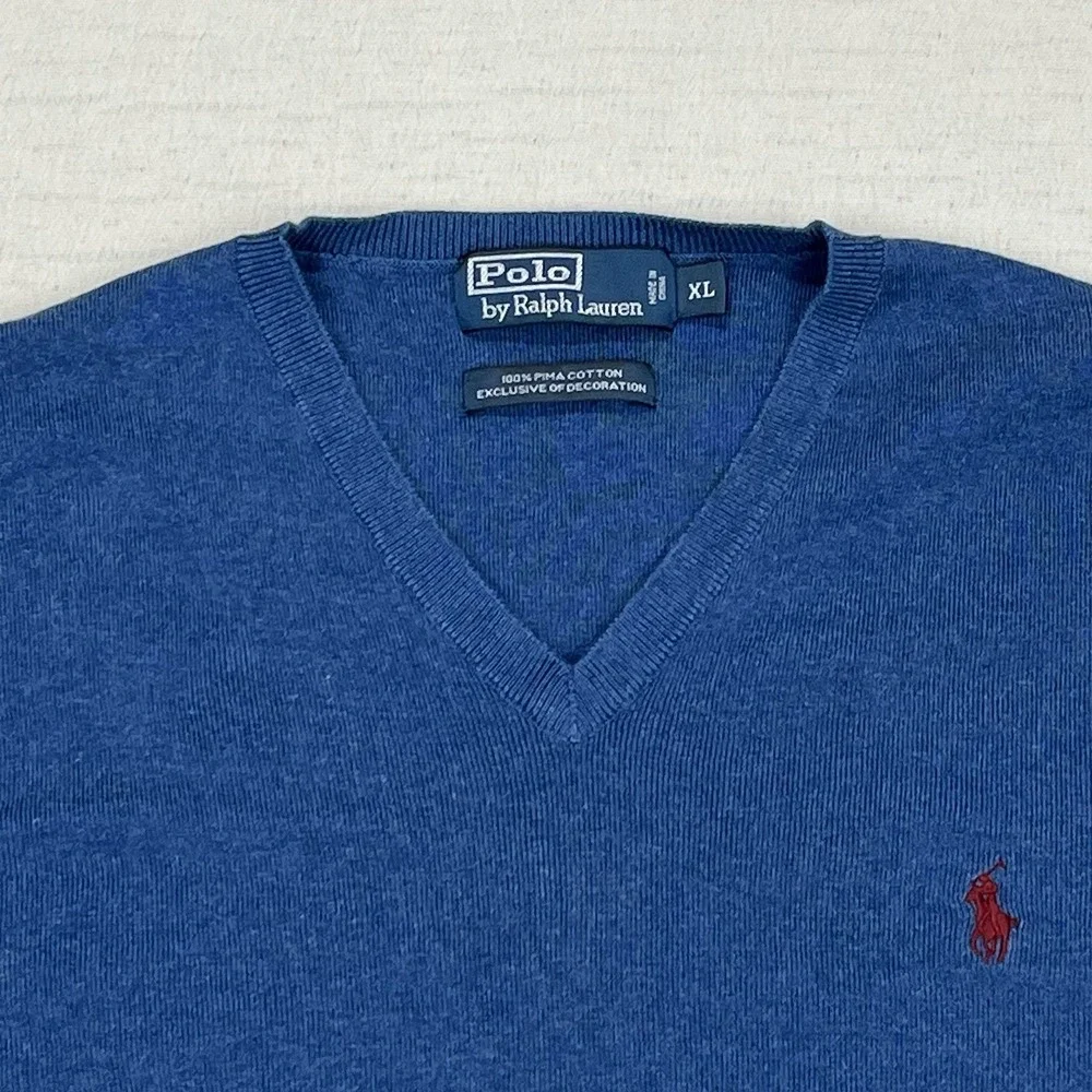 Polo Ralph‎ Lauren Mens Size XL Blue Pima Cotton V-Neck Long Sleeve Sweater
